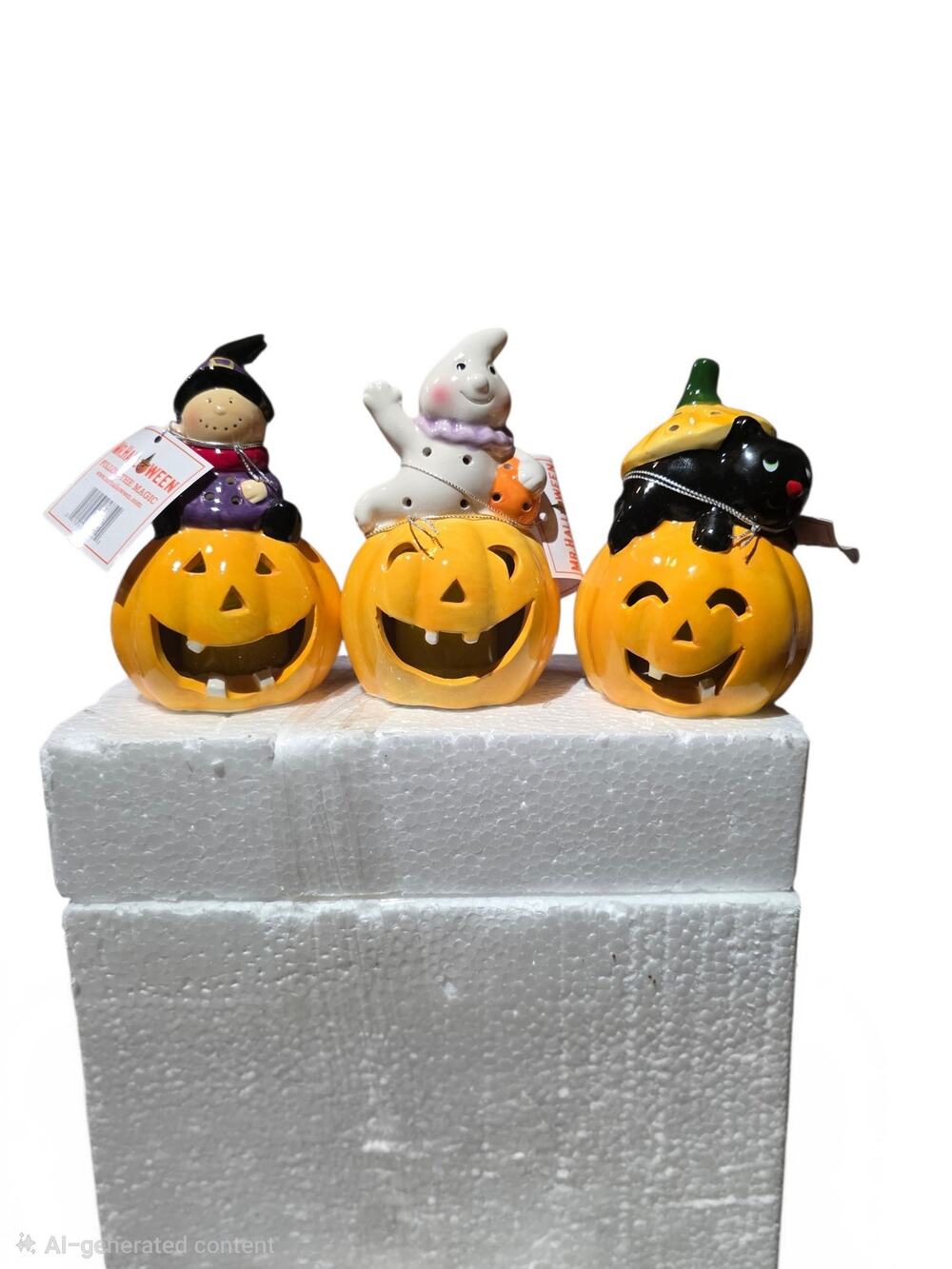 NEW Mr. Halloween 3 Ceramic Jack O Lantern Tea Light Holders Witch Ghost Cat